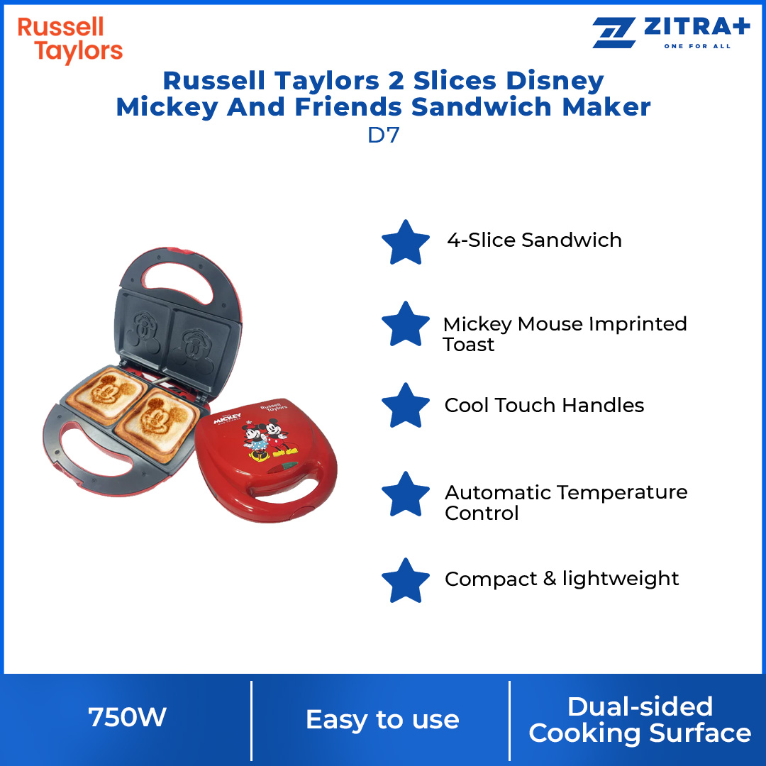 Russell Taylors 2 Slices Disney Mickey And Friends Sandwich Maker D7 | 750W Power | Mickey Mouse Imprinted Toast | Automatic Temperature Control | Sandwich Maker with 2 Year warranty