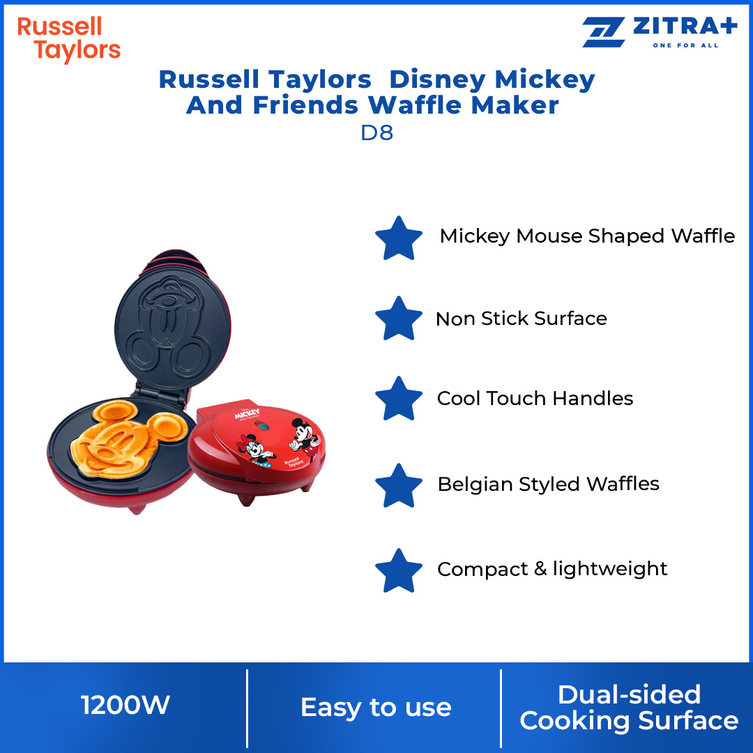 Russell Taylors Disney Mickey And Friends Waffle Maker D8 | 1200W Power | Non Stick Surface | Mickey Mouse Shaped Waffle | Waffle Maker with 2 Year Warranty