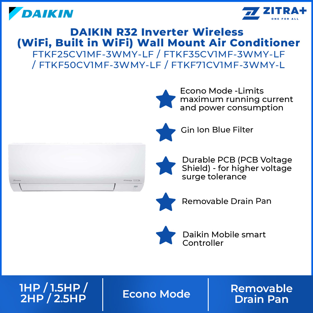 DAIKIN 1HP/1.5HP/2HP/2.5HP R32 Inverter Wireless (WiFi, Built in WiFi) Wall Mount Air Conditioner | Econo Mode | Smart Control | Gin-Ion Blue Filter | Air Conditioner with 1 Year Warranty