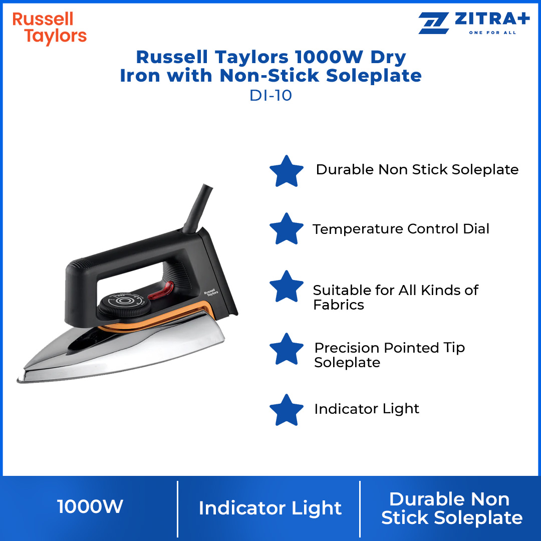 Russell Taylors 1000W Dry Iron with Non-Stick Soleplate DI-10 | Temperature Control Dial | Indicator Light | Portable Dry Iron | Iron with 2 Year Warranty