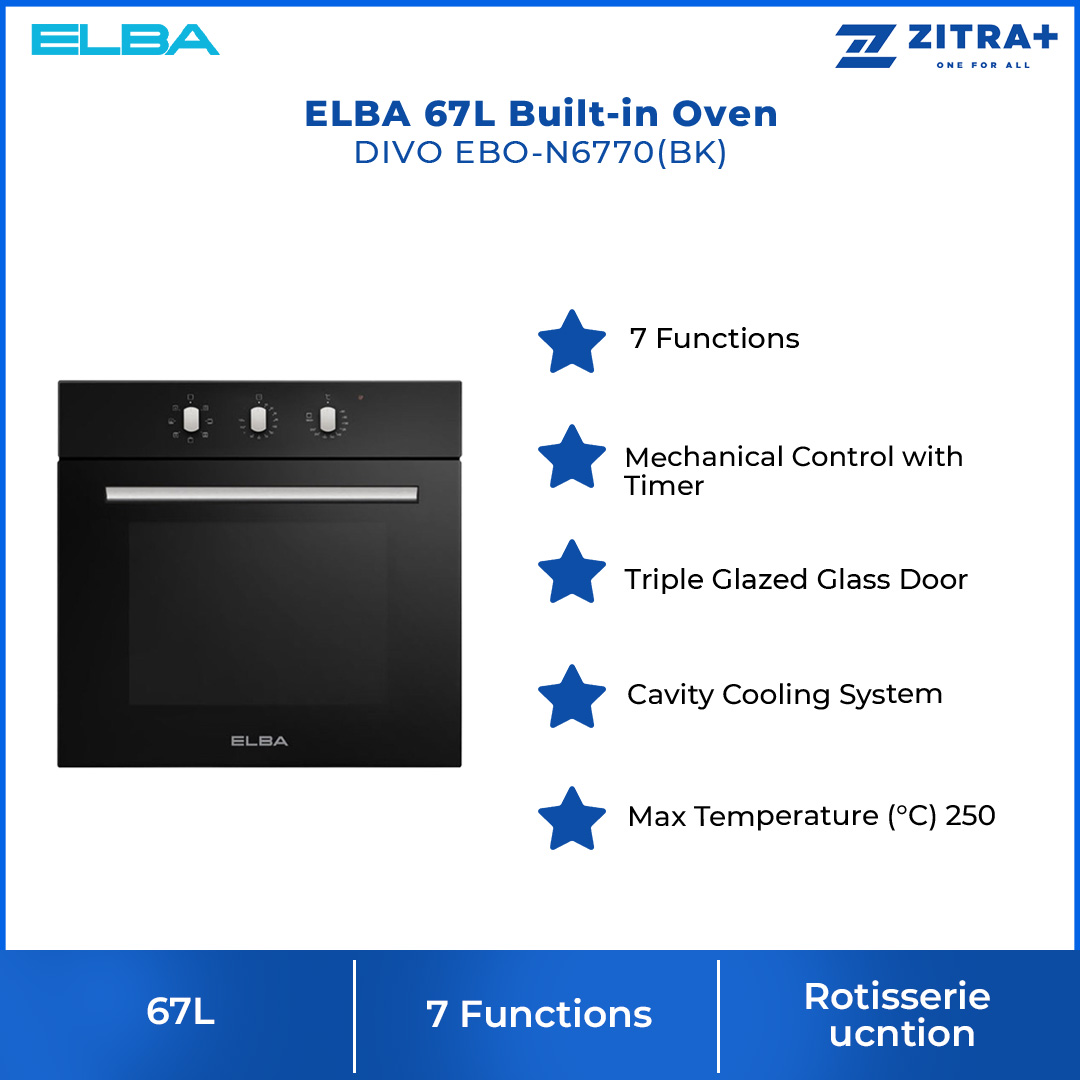 ELBA 67L : Built-in Oven DIVO EBO-N6770(BK) | Mechanical Control with Timer | Triple Glazed Glass Door | Cavity Coolin | Ovens with 1 Year Manufacturer Warranty
