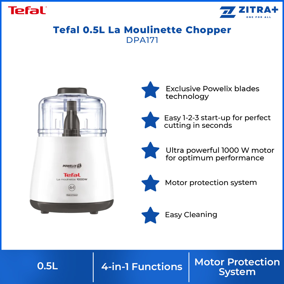 Tefal 0.5L La Moulinette Chopper DPA171 | Ultra Powerful 1000W Motor | Versatile 4 in 1 Product | Motor Protection System | Chopper with 2 Year Warranty