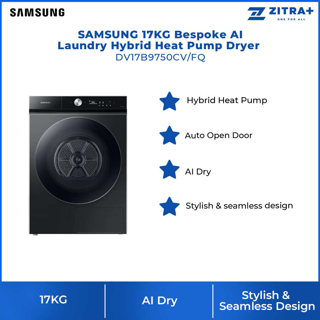 SAMSUNG 17KG Bespoke AI Laundry Hybrid Heat Pump Dryer DV17B9750CV/FQ | AI Control | Hybrid Heat Pump | Large Capacity | 3 Layered Filter System | Dryer with 2 Years Warranty