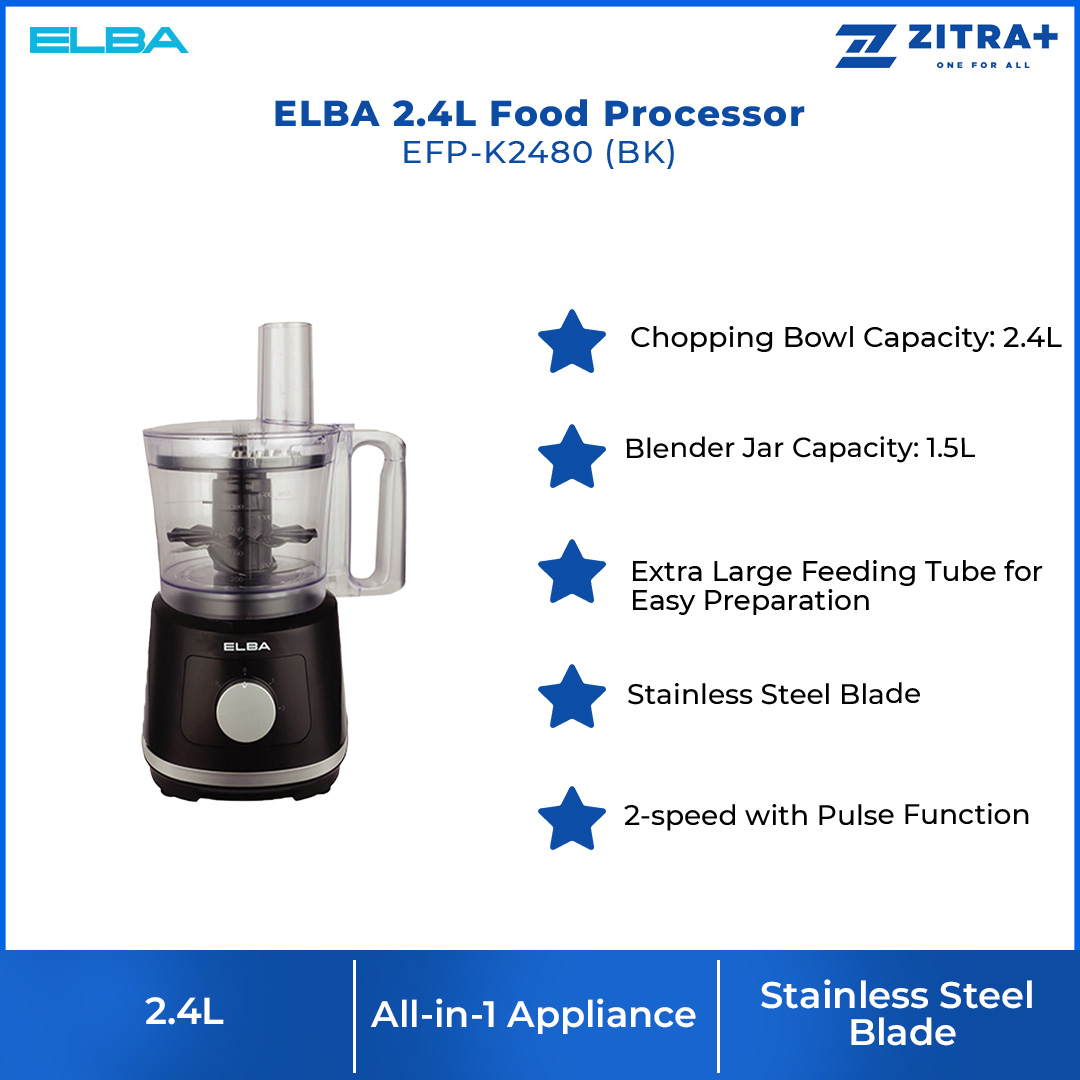 ELBA 2.4L Food Processor EFP-K2480(BK) | 800W Power Consumption | 2-Speed With Pulse Function | Safety Locking System | Food Processor with 1 Year Warranty