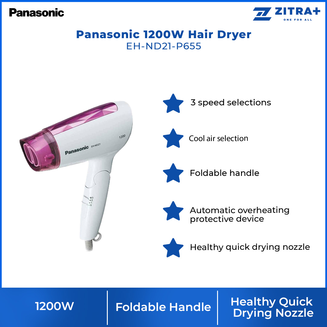 Panasonic 1200W Hair Dryer EH-ND21-P655 | 3 Speed Selections | Cool Air Selection | Automatic Overheating Protective Device | Hair Dryer with 1 Year Warranty