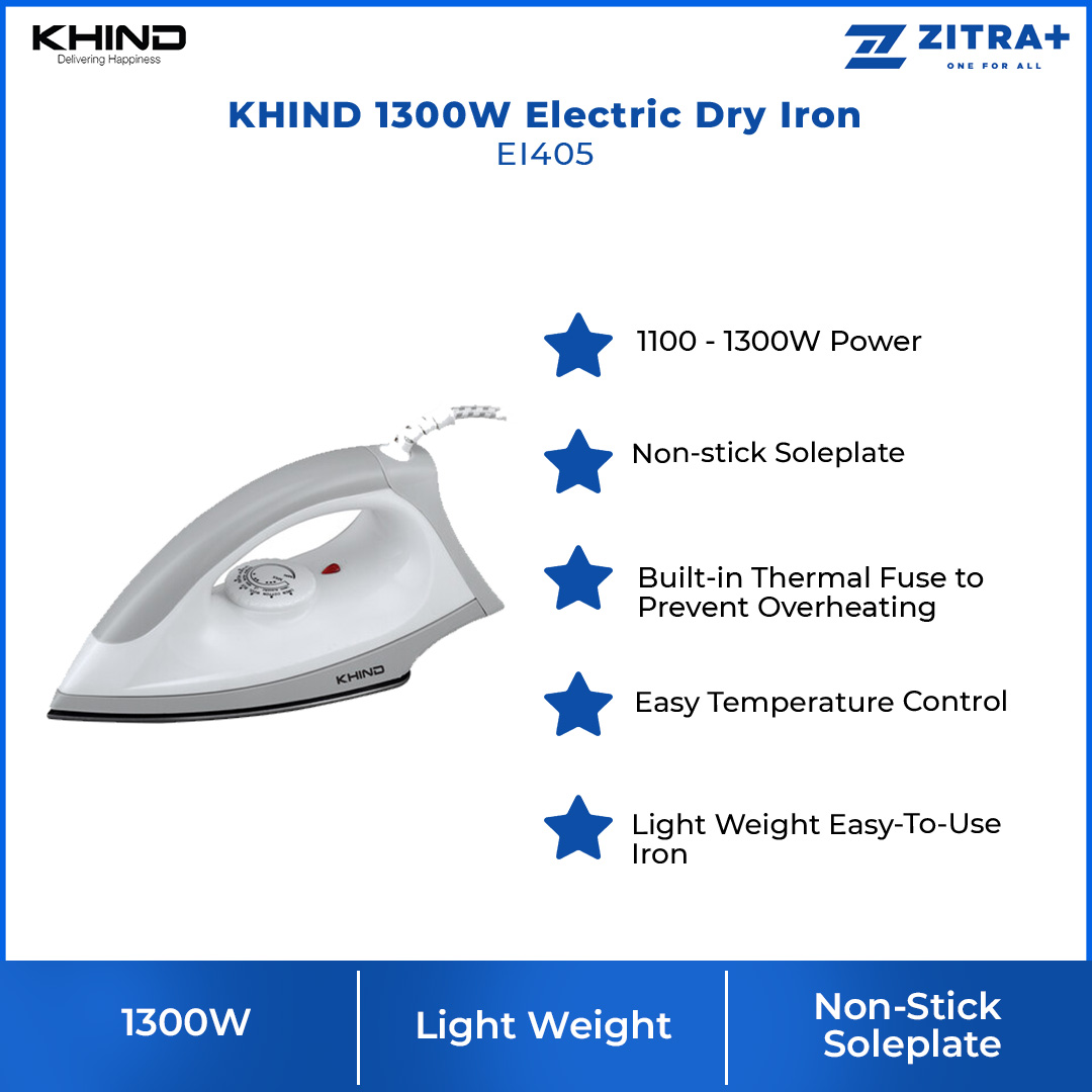 KHIND 1300W Electric Dry Iron EI40 | Overheat Protection | Lightweight | Non-Stick | Dry Iron with 1 Year Warranty