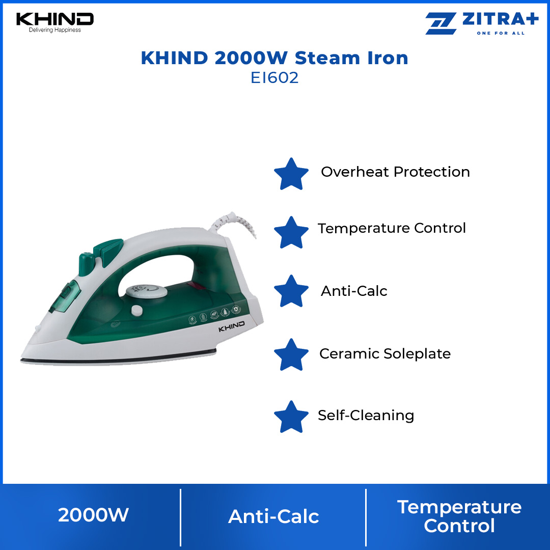 KHIND 2000W Steam Iron EI602 | Self-Cleaning | Overheat Protection | Temperature Control | Ceramic Soleplate | Anti-Calc | Steam Iron with 1 Year Warranty