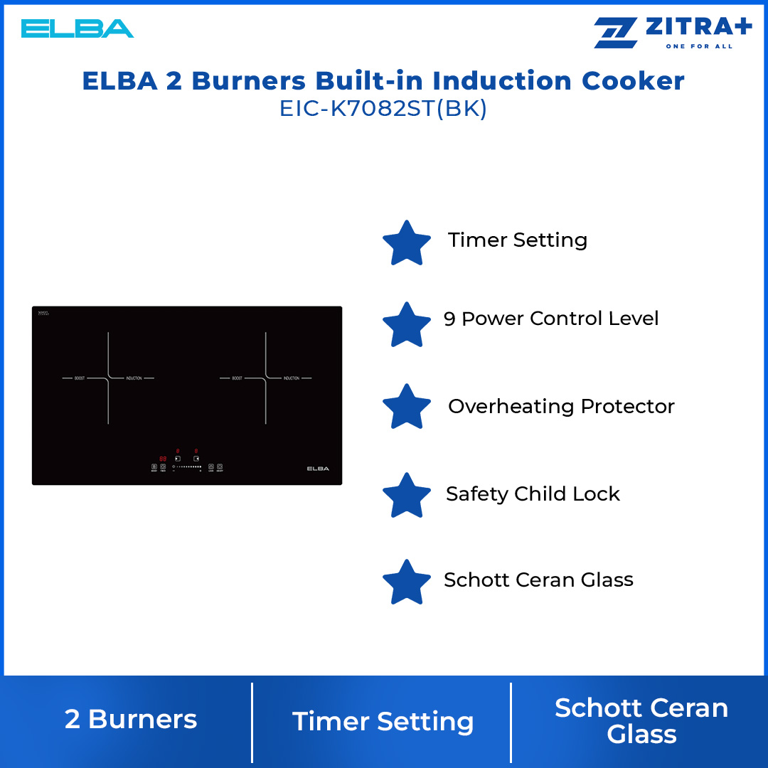 ELBA 2 Burners Built-in Induction Cooker EIC-K7082ST(BK) | 9 Power Levels | Time-Saving of 2 Cooking Zones | Safety Lock | Cooker with 1 Year Warranty