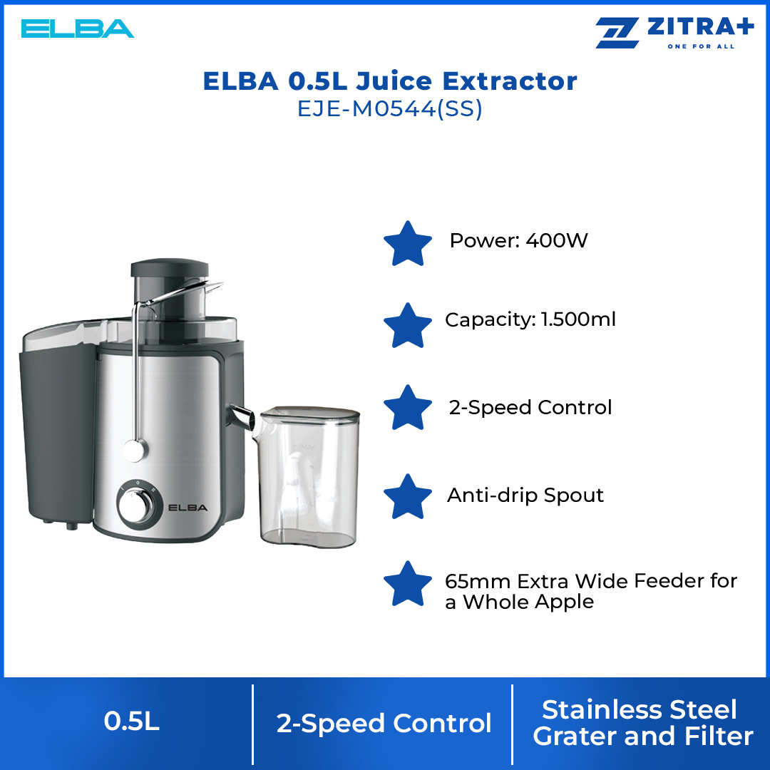 ELBA 0.5L Juice Extractor EJE-M0544(SS) | 400W Power Consumption | 2-Speed Switch Control | Extra Wide Feeder | Juice Extractor with 1 Year Warranty