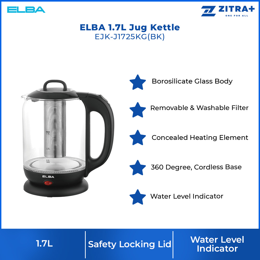 ELBA 1.7L Jug Kettle EJK-J1725KG(BK) | Water Level Indicator | Dry Boiled Protection | Automatic Boiling & Switch Off | Jug Kettle with 1 Year Warranty