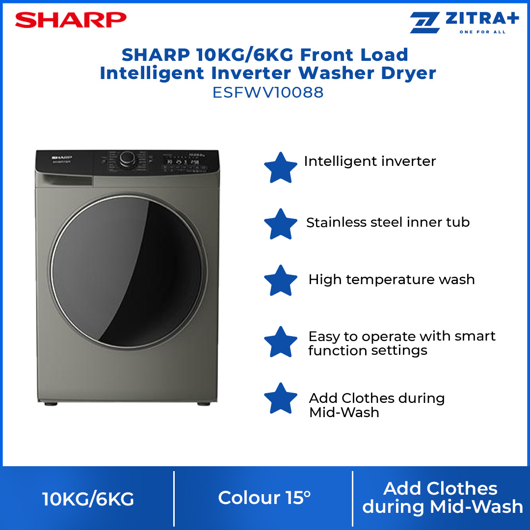 SHARP 10.5KG/7KG Front Load J-Tech Inverter Washer Dryer ESFK1252SMG | Quick Wash | Child Lock | Heat Wash | Tub Clean | Washer Dryer with 1 Year Warranty