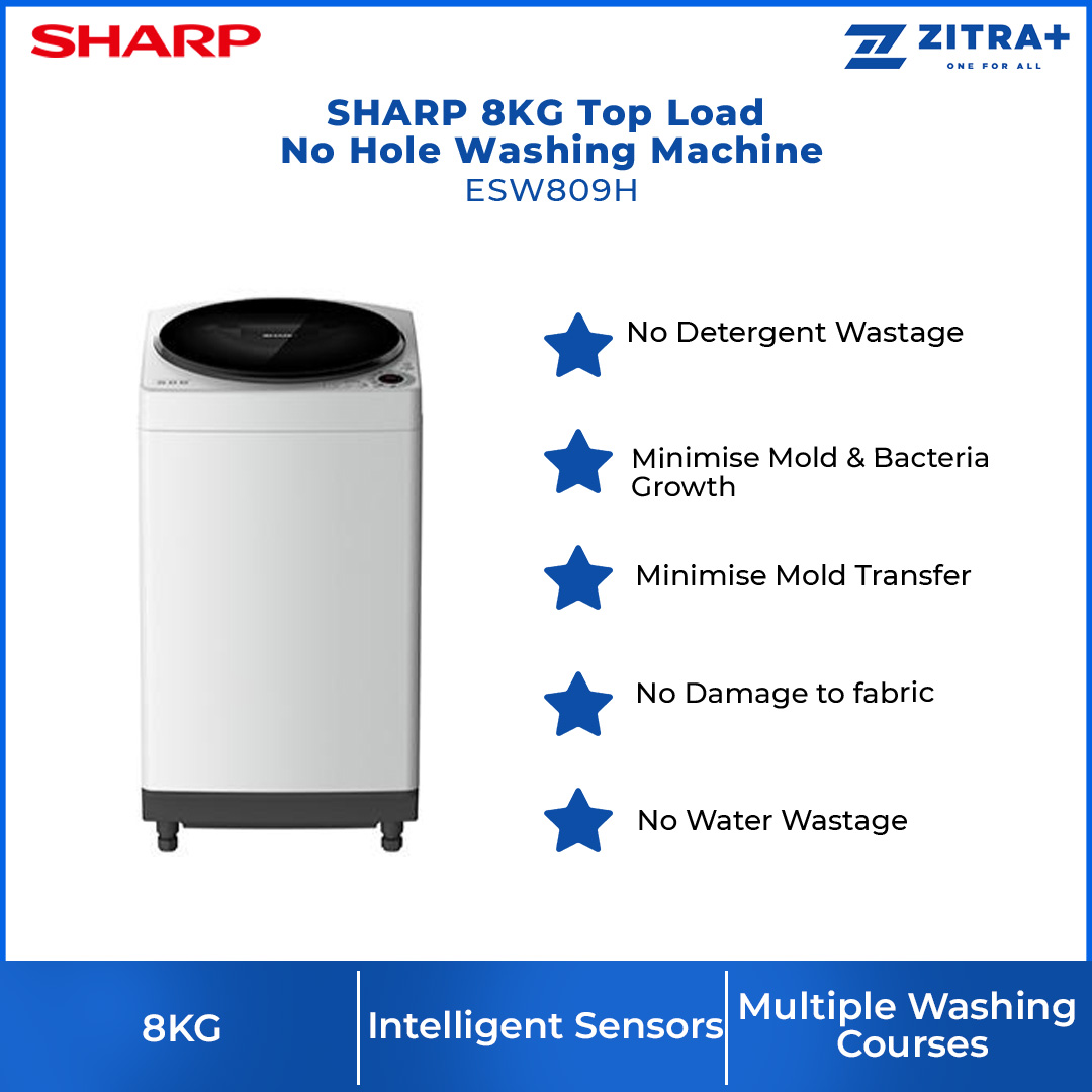 SHARP 8KG Top Load No Hole Washing Machine ESW809H | Auto Restart | LED Digit | Air Dry | Water Saving | AG Pulsator (Antibacterial) | Washing Machine with 2 Year Warranty