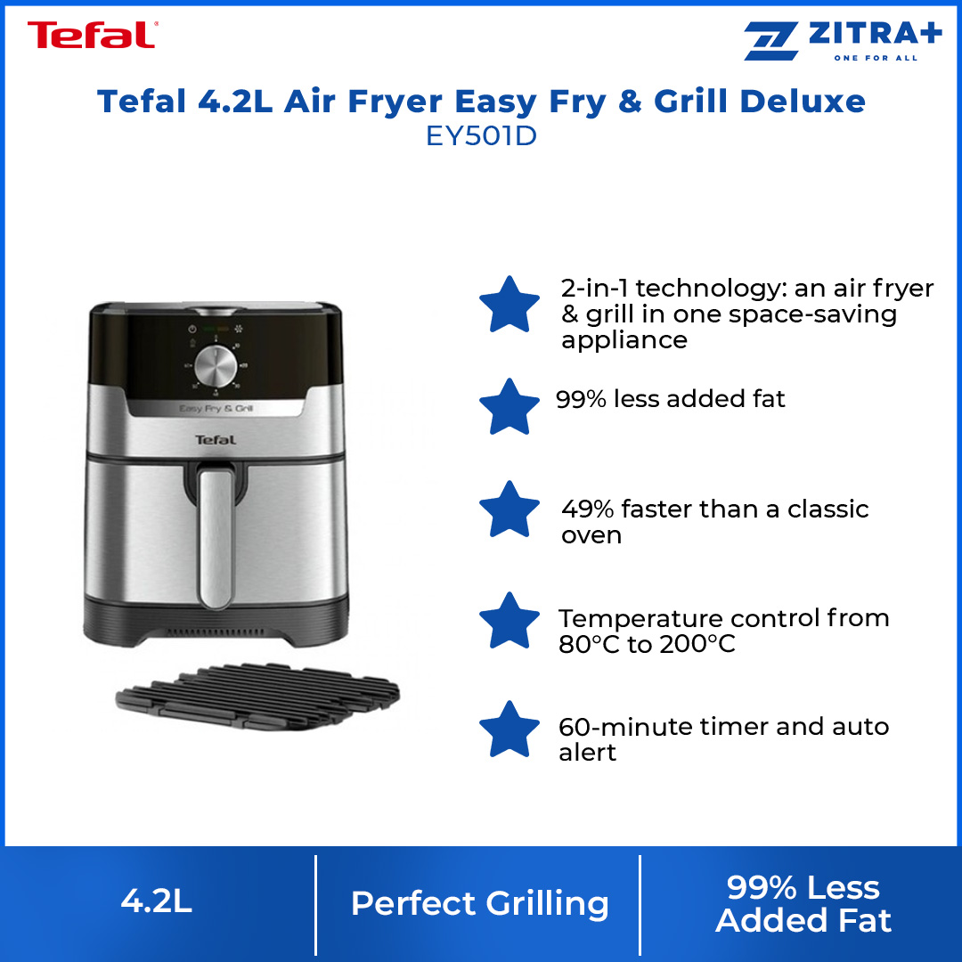 Tefal 4.2L Air Fryer Easy Fry & Grill Deluxe EY501D | 1550W | 2 in 1 Function | Grill Technology | Extra Crisp Technology | Air Fryer with 2 Year Warranty