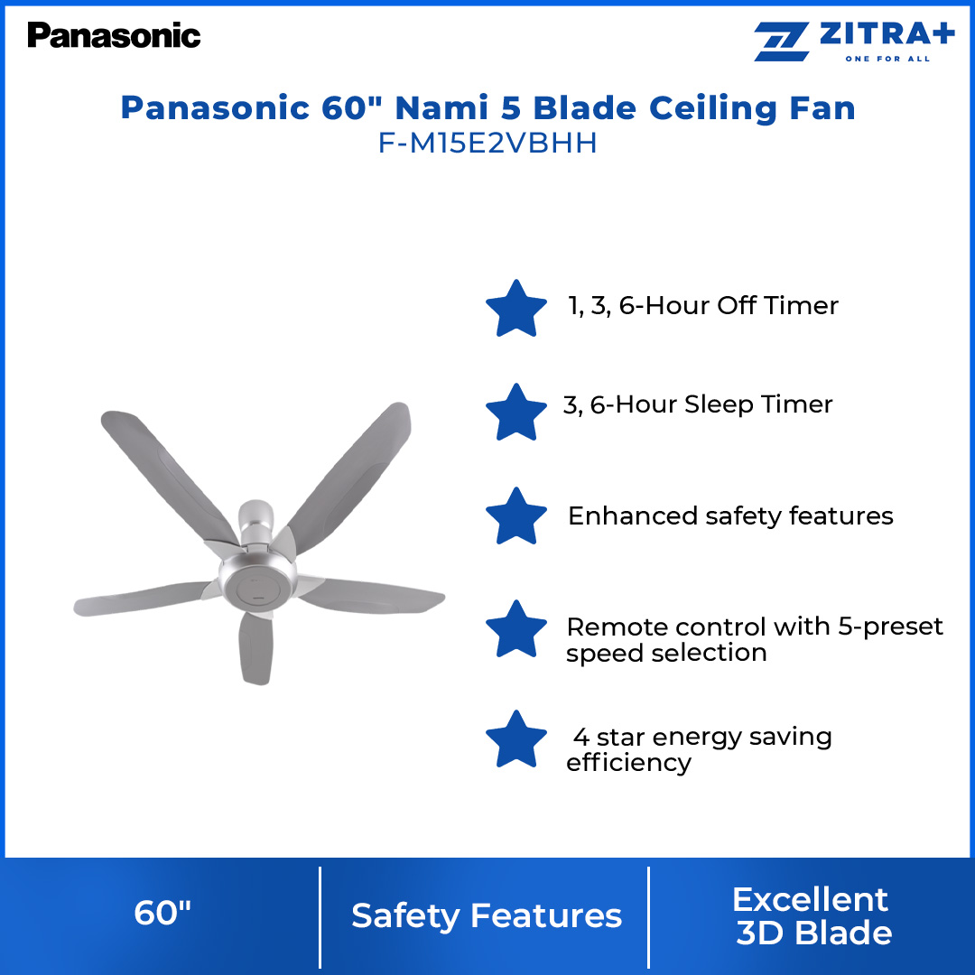 Panasonic 60" Nami 5 Blade Ceiling Fan F-M15E2VBHH | Multi-Level Safety Protection | 3D Blade - Powerful Airflow | Ceiling Fan with 1 Year Warranty