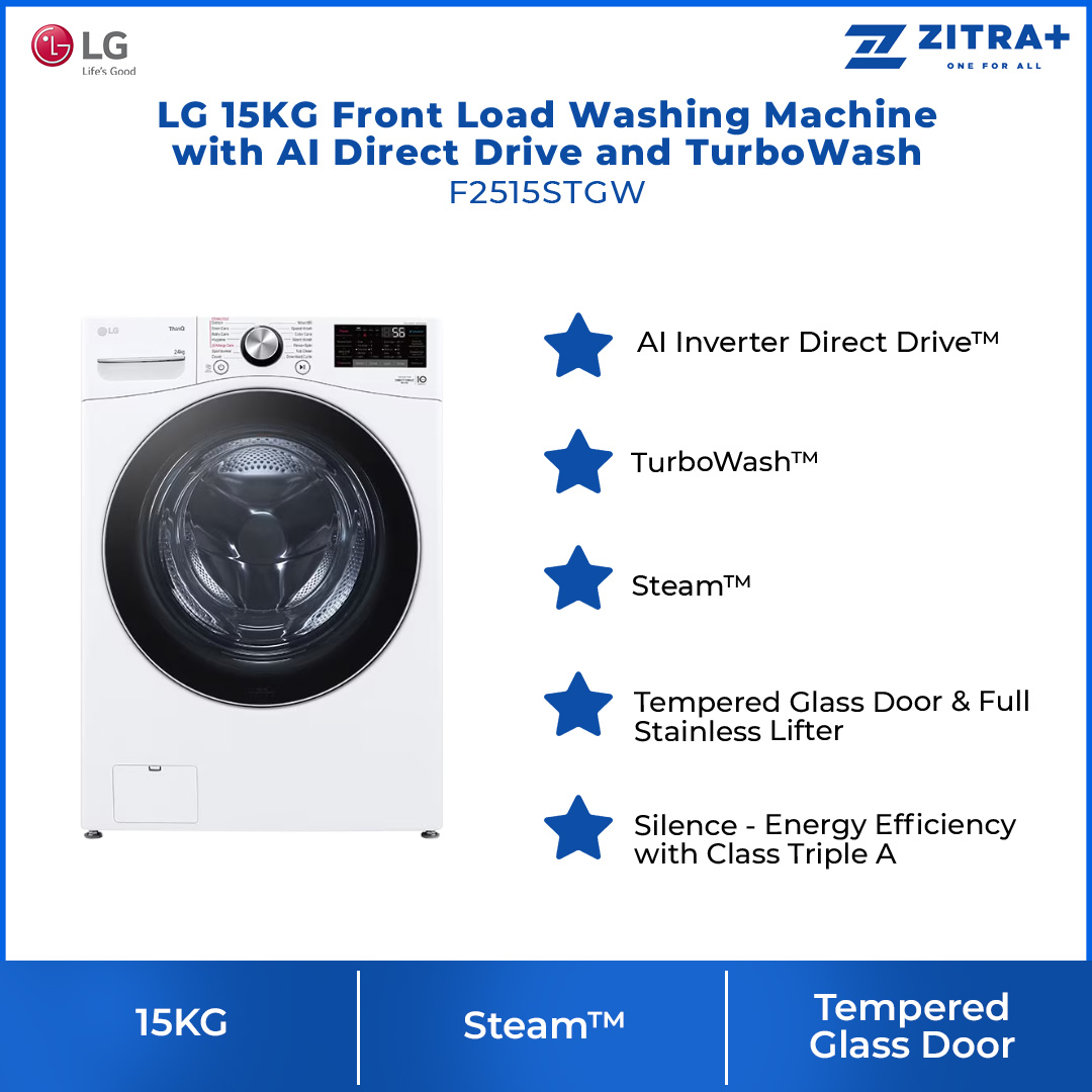LG 15KG Front Load Washing Machine with AI Direct Drive and TurboWash F2515STGW | Tempered Glass Door & Full Stainless Lifter | Steam | WiFi Control | Washing Machine with 1 Year Warranty