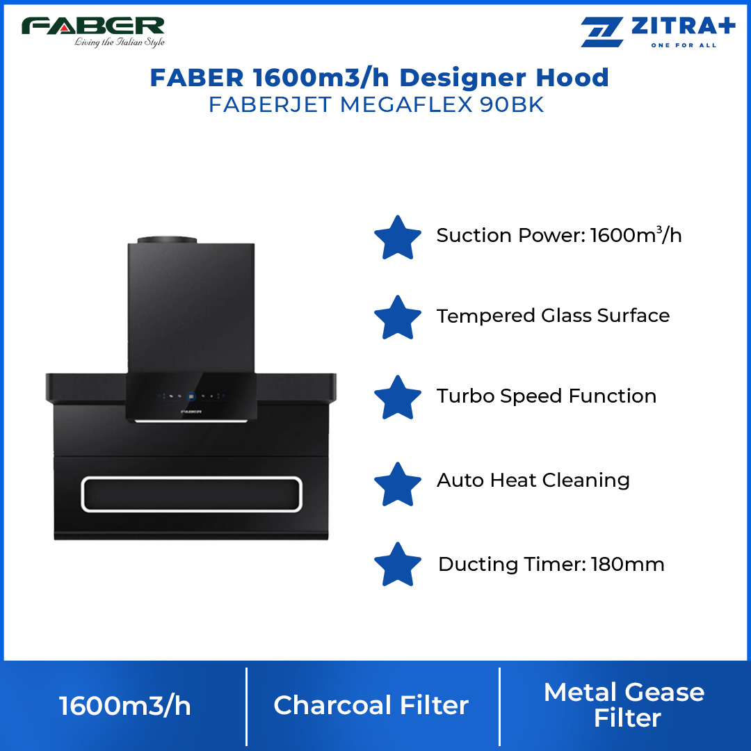 FABER 1600m3/h Designer Hood FABERJET MEGAFLEX 90BK | Tempered Glass Surface | Turbo Speed Function | Auto Heat Cleaning | Hand Wave Control | Cooker Hood with 1 Year Manufacture