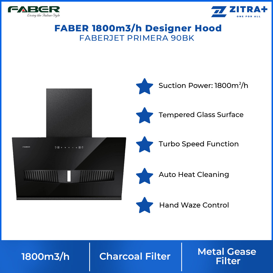 FABER 1800m3/h Designer Hood FABERJET PRIMERA 90BK | Tempered Glass Surface | Turbo Speed Function | Auto Heat Cleaning | Hand Wave Control | Cooker Hood with 1 Year Manufacture