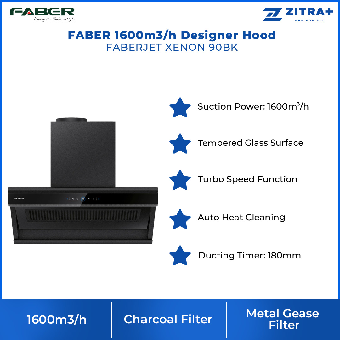 FABER 1600m3/h Designer Hood FABERJET XENON 90BK | Tempered Glass Surface | Turbo Speed Function | Auto Heat Cleaning | Hand Wave Control | Cooker Hood with 1 Year Manufacture
