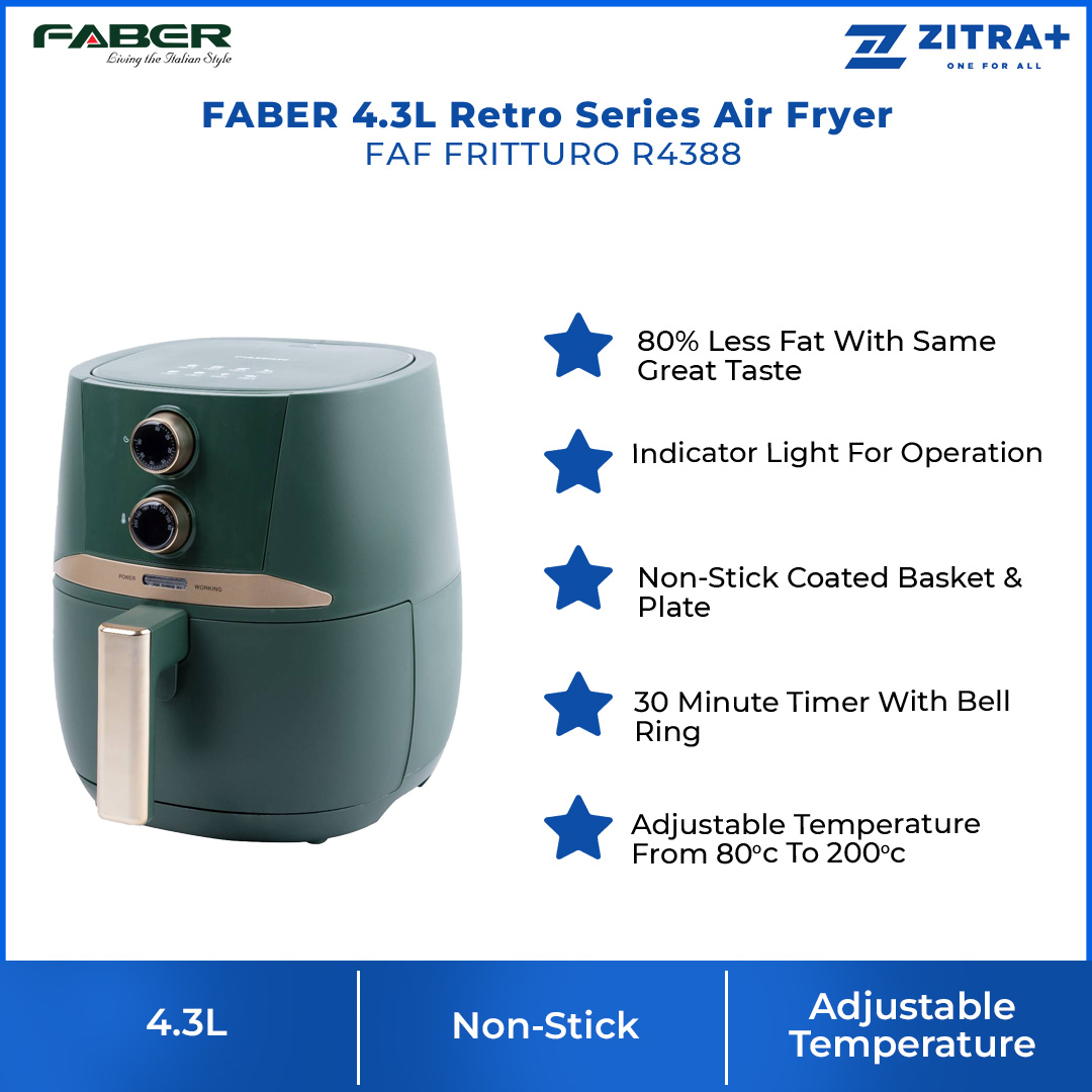 FABER 4.3L Retro Series Air Fryer FAF FRITTURO R4388 | 1400W | Adjustable Temperature From 80ᵒc - 200ᵒc | Large Capacity | Air Fryer with 1 Year Warranty