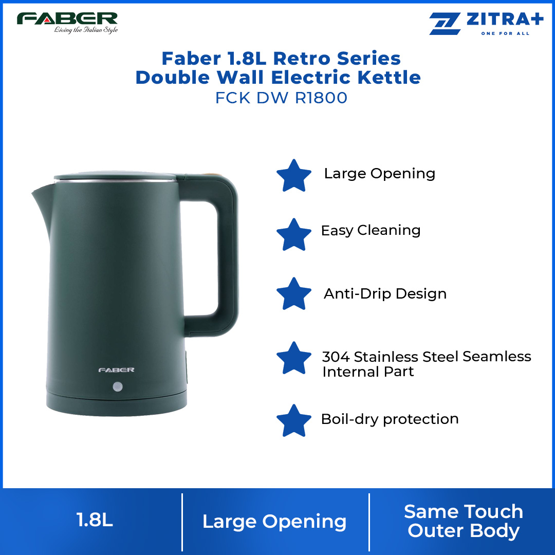 Faber 1.8L Retro Series Double Wall Electric Kettle FCK DW R1800 | 1500W | Boil-Dry Protection | Manual Lid-Opening | Kettle with 1 Year Warranty