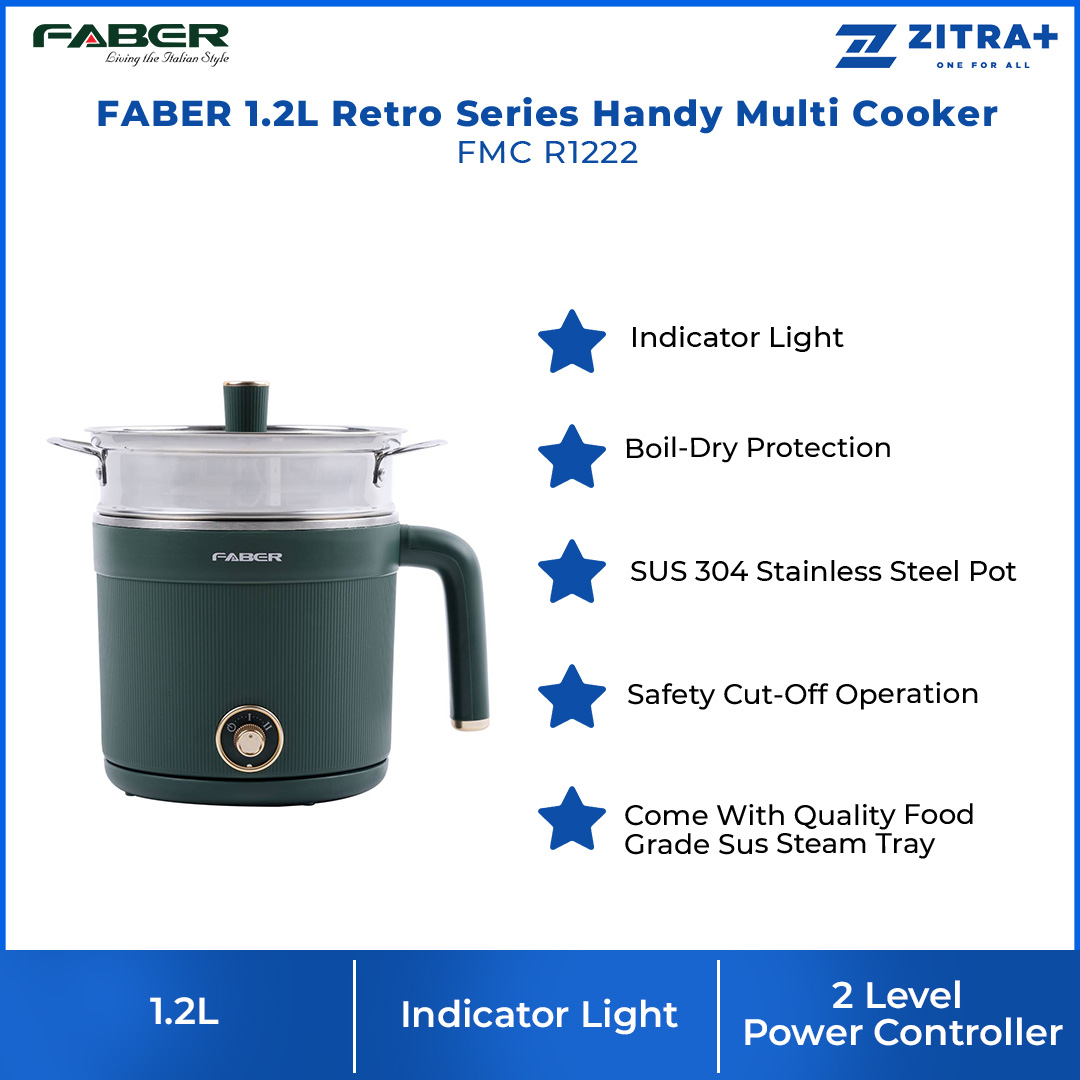 FABER 1.2L Retro Series Handy Multi Cooker FMC R1222 | Boil-Dry Protection | Safety Cut-Off Operation | Indicator Light | Multi Cooker with 1 Year Warranty