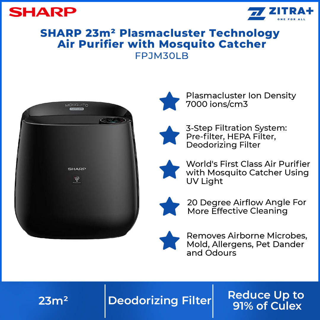 SHARP 23m² Plasmacluster Technology Air Purifier with Mosquito Catcher FPJM30LB | Plasmacluster Ion Density 7000 ions/cm3 | 3 Step Filtration System | Deodorizing | Air Purification with 1 Year Warranty