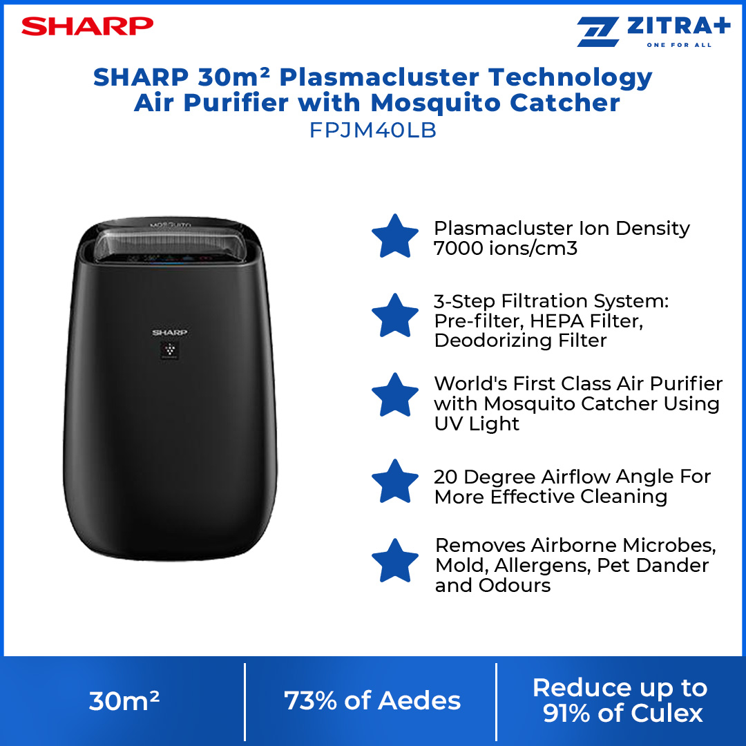 SHARP 30m² Plasmacluster Technology Air Purifier with Mosquito Catcher FPJM40LB | Suppress Mold, Viruses, Allergens, Odors | Sharp Original Airflow at 20° Angle | Timer Function | Air Purifier with 1 Year Warranty