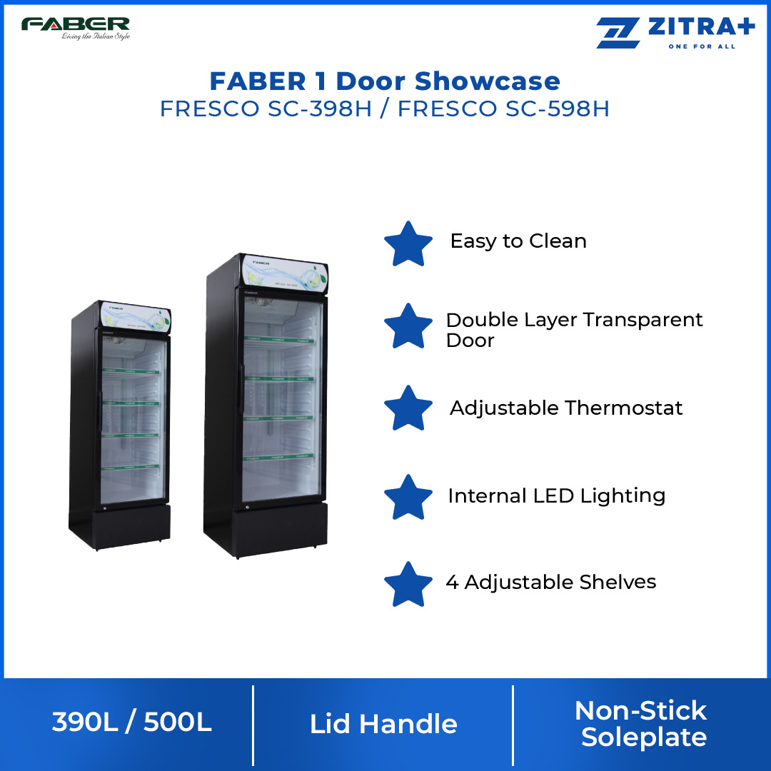 FABER 390L/500L 1 Door Showcase | FRESCO SC-598H / FRESCO SC-398H | Double Layer Transparent Door | Jumbo Pocket | Showcase Door with 1 Year Warranty