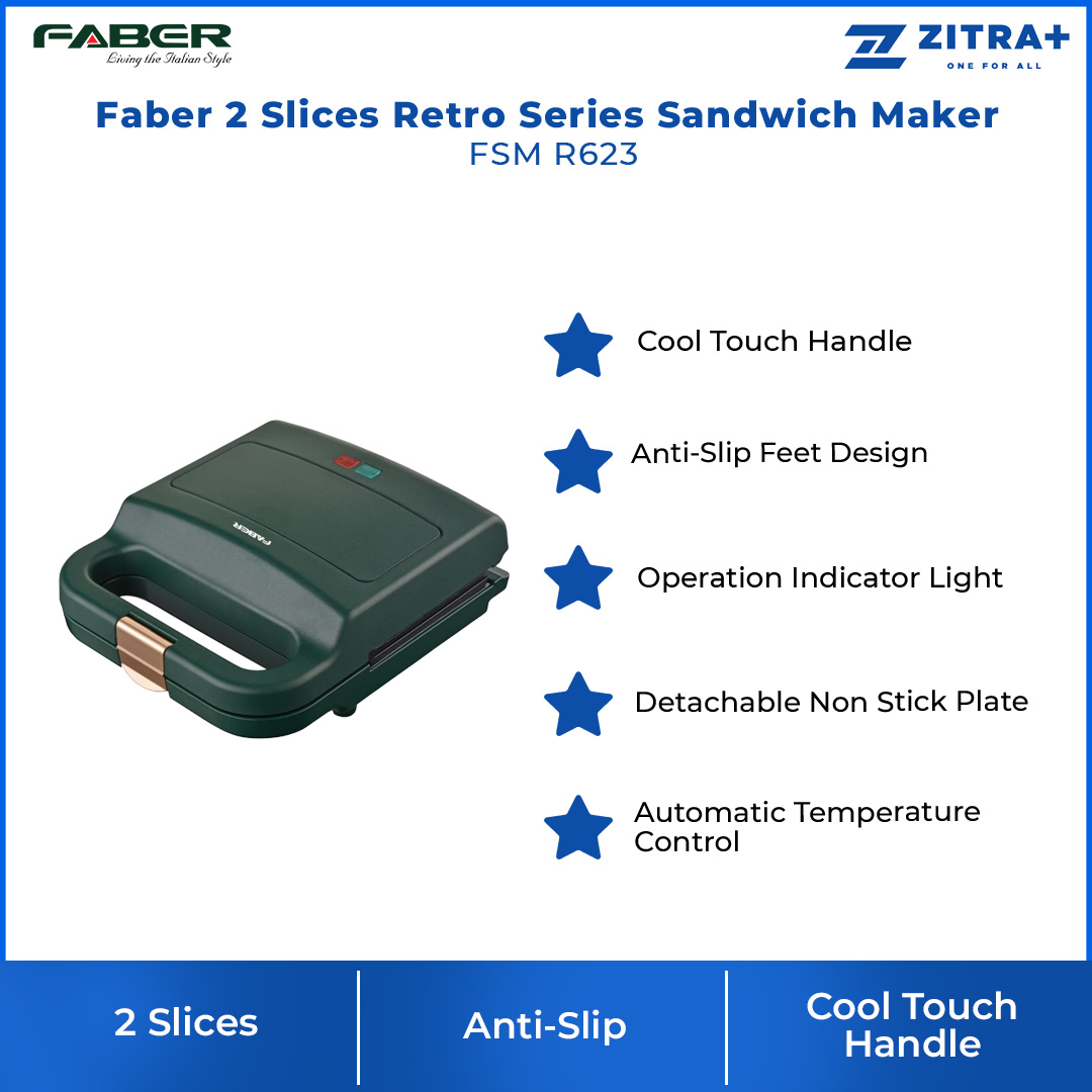 Faber 2 Slices Retro Series Sandwich Maker FSM R623 | Non Stick Plate | Automatic Temperature Control | 3 Variety Plates | Sandwich Maker with 1 Year Warranty