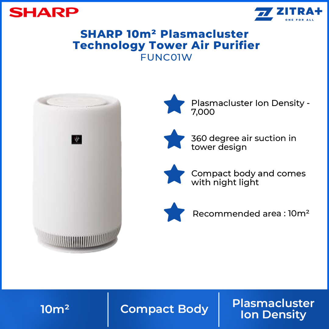 SHARP 10m² Plasmacluster Technology Tower Air Purifier FUNC01W | Removal of Odor | 360° Cylindrical Air Purification | Dust Collection | Deodorization Integrated Filter | Air Purifier with 1 Year Warranty