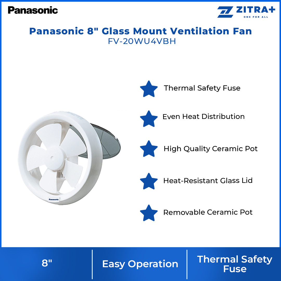 Panasonic 8" Glass Mount Ventilation Fan FV-20WU4VBH | Thermal Safety Fuse | Cord Operated Shutter For Easy Operation | Ventilation Fan with 1 Year Warranty