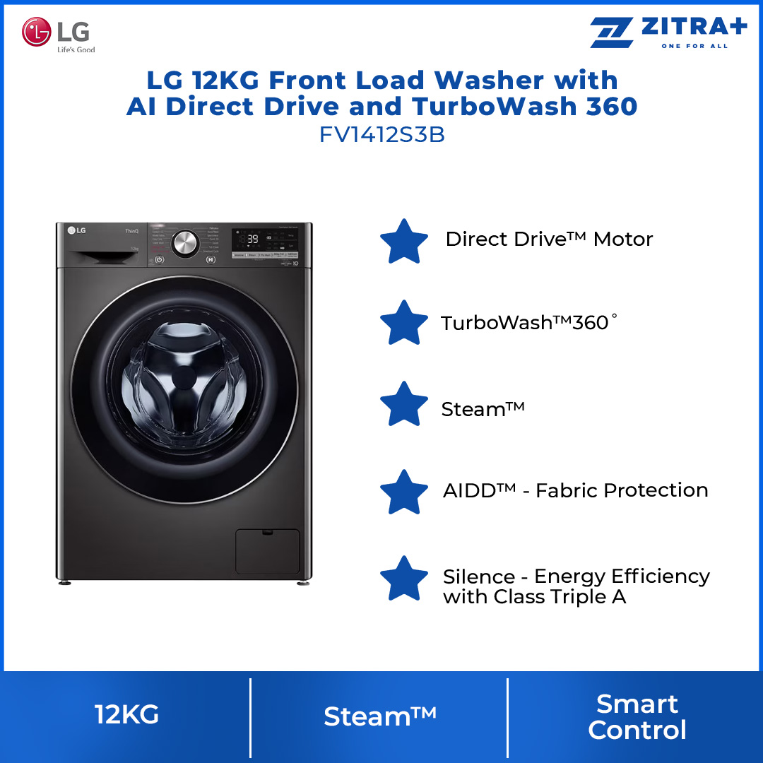 LG 12KG Front Load Washer with AI Direct Drive and TurboWash 360 FV1412S3B | Steam™ | Smart Control | Bigger Capacity | Washer with 1 Year Warranty