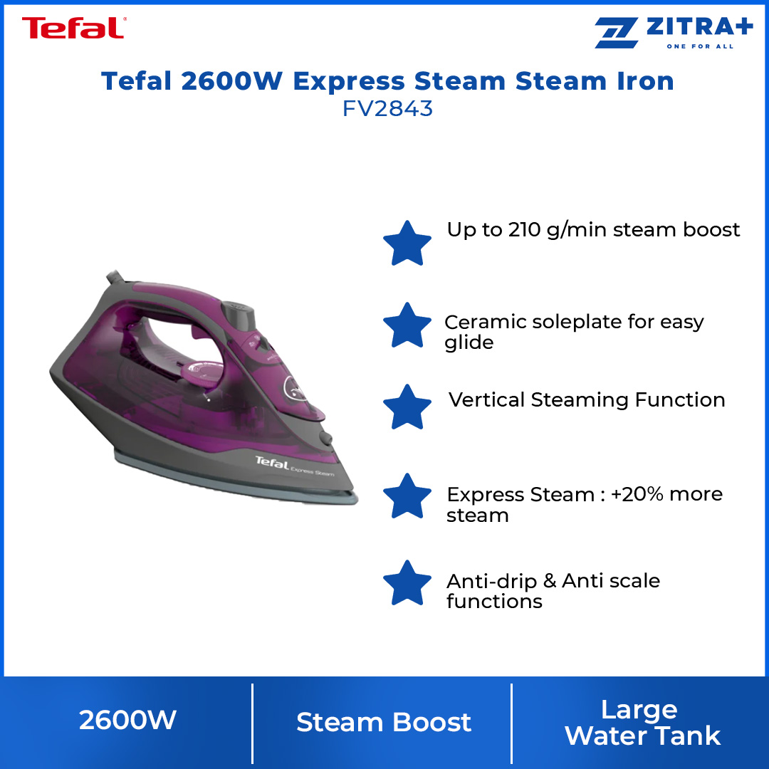 Tefal 2600W Express Steam Steam Iron FV2843 | 210W Steam Boost | 270L Water Tank Capacity | Vertical Steam | Anti-Drip | Steam Iron with 2 Year Warranty