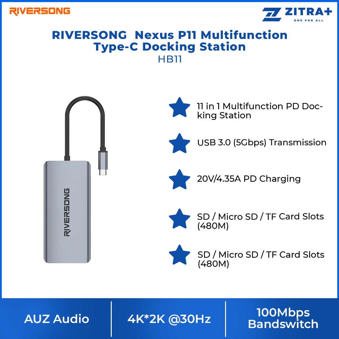 RIVERSONG Nexus P11 Multifunction Type-C Docking Station HB11 | AUZ Audio | 100Mbps Bandswitch | USB 3.0 (5Gbps) Transmission | Accessories with 1 Year Warranty