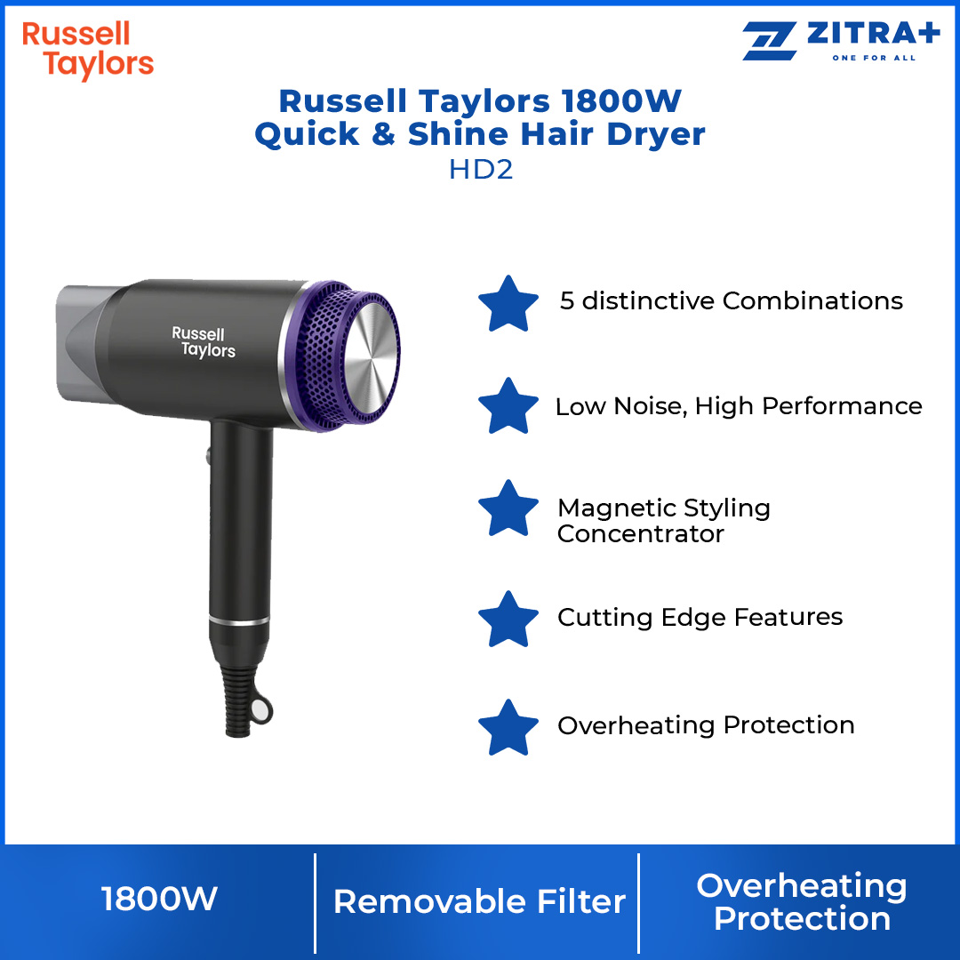 Russell Taylors 1800W Quick & Shine Hair Dryer HD2 | 3 Temperature Settings | Overheating Protection | 5 Distinctive Combinations | Hair Dryer with 2 Year Warranty