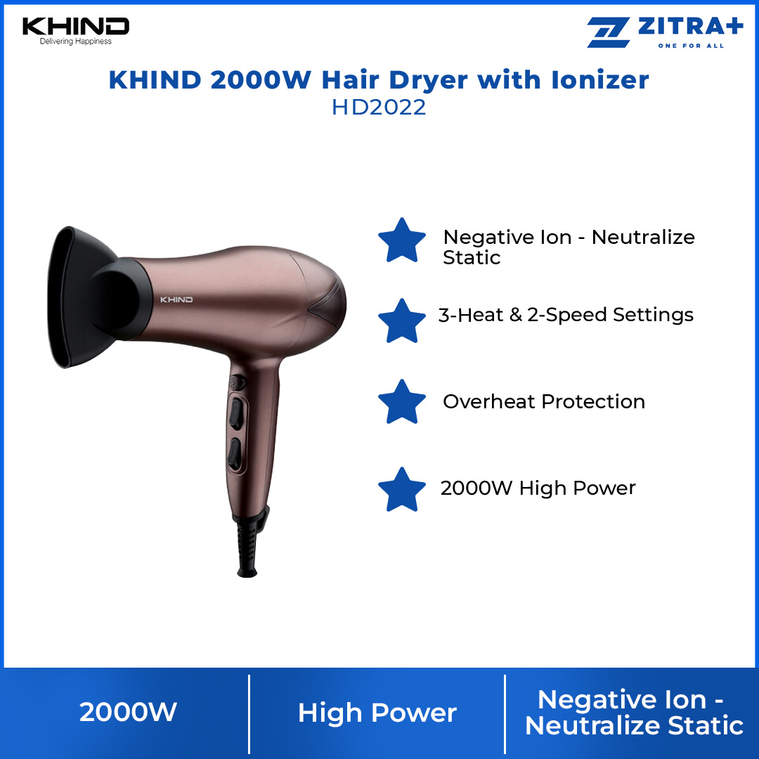 KHIND 2000W Hair Dryer with Ionizer HD2022 | Overheat Protection | 3-Heat | 2-Speed Settings | Negative Ion - Neutralize Static | Hair Dryer with 1 Year Warranty