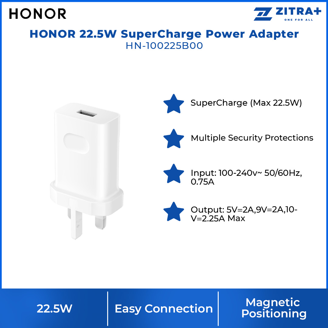 HONOR 22.5W SuperCharge Power Adapter HN-100225B00 | Multiple Security Protections | Input: 100-240v | Output: 5v-2A | Power Adapter with 1 Year Warranty