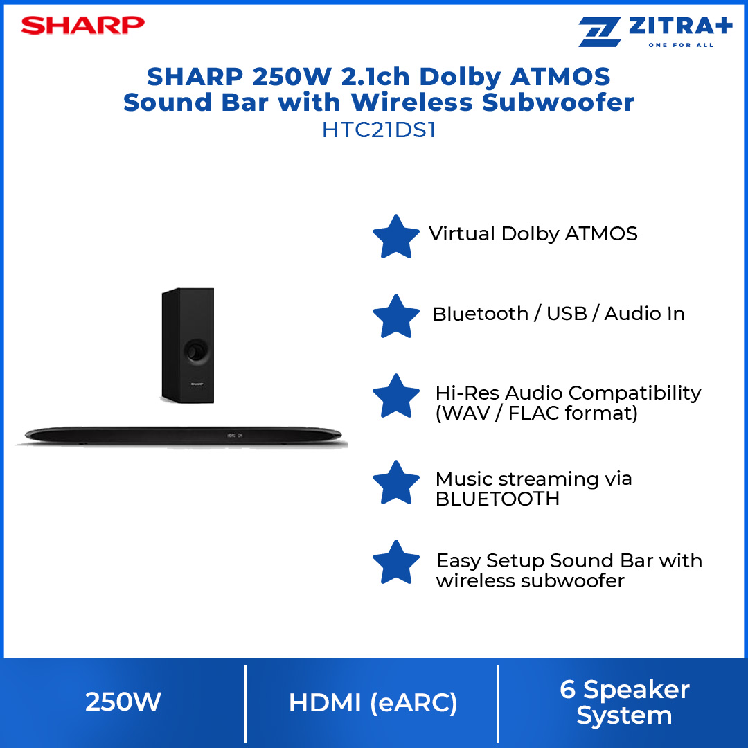 SHARP 250W 2.1ch Dolby ATMOS Sound Bar with Wireless Subwoofer HTC21DS1 | 6 Speaker System | Bluetooth | HDMI (eARC) | Sound Bar with 1 Year Warranty