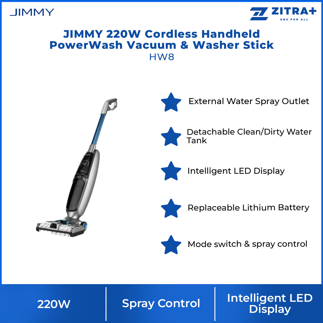 JIMMY 220W Cordless Handheld PowerWash Vacuum & Washer Stick HW8 | External Water Spray Outlet | Detachable Clean/Dirty Water Tank | Intelligent LED Display | Stick Vacuum with 1 Year Warranty