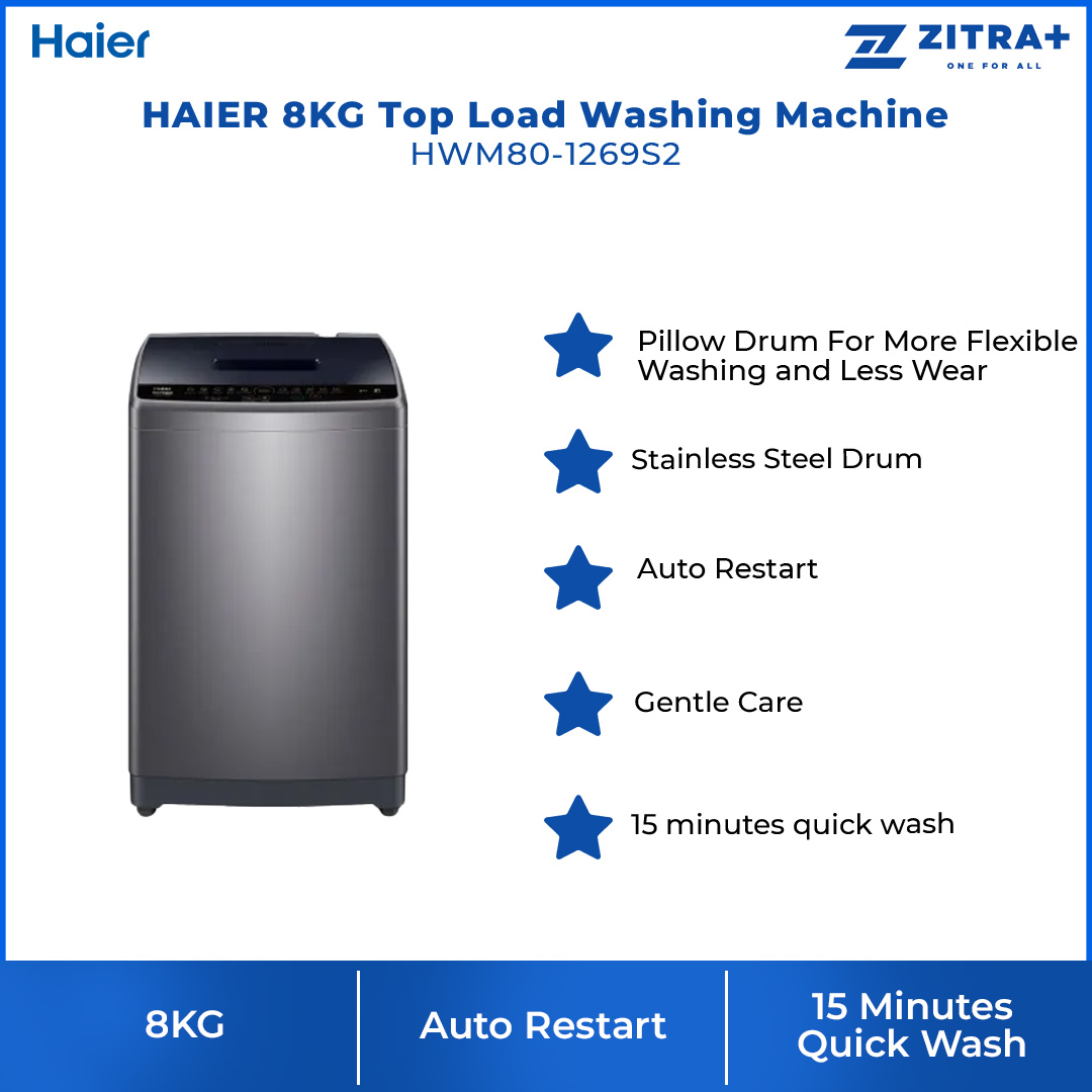 HAIER 8KG Top Load Washing Machine HWM80-1269S2 | Pillow Drum | Quick Wash | Stainless Steel Drum | Magic Filter | Washing Machine with 2 Year Warranty