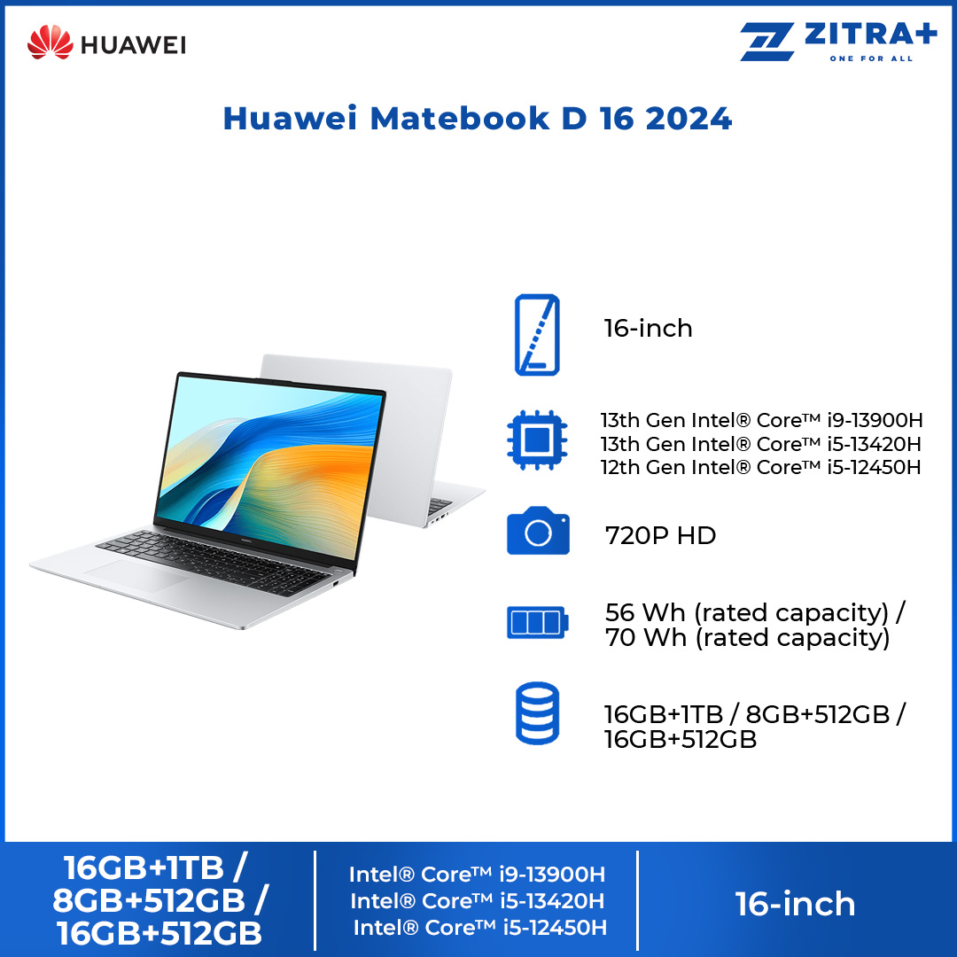 Huawei Matebook D 16 2024 | 16" HUAWEI FullView Display | High Performance Intel® Core™  i5 Processor  / i9 Processor | Lightweight Portable Body | Laptop with 2 Year Warranty