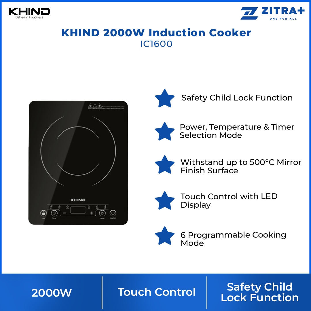KHIND 2000W Induction Cooker IC1600 | Withstand up to 500 Celsius | Safety Child Lock | 6 Programmable Cooking Mode | Touch Control with LED Display | Mirror Finish Surface | Induction Cooker with 1 Year Warranty