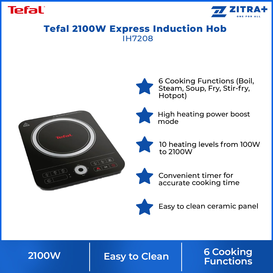 Tefal 2100W Express Induction Hob IH7208 | 6 Cooking Functions | 10 Heating Levels  | Touch and Rotating Technology | Induction Hob with 2 Year Warranty