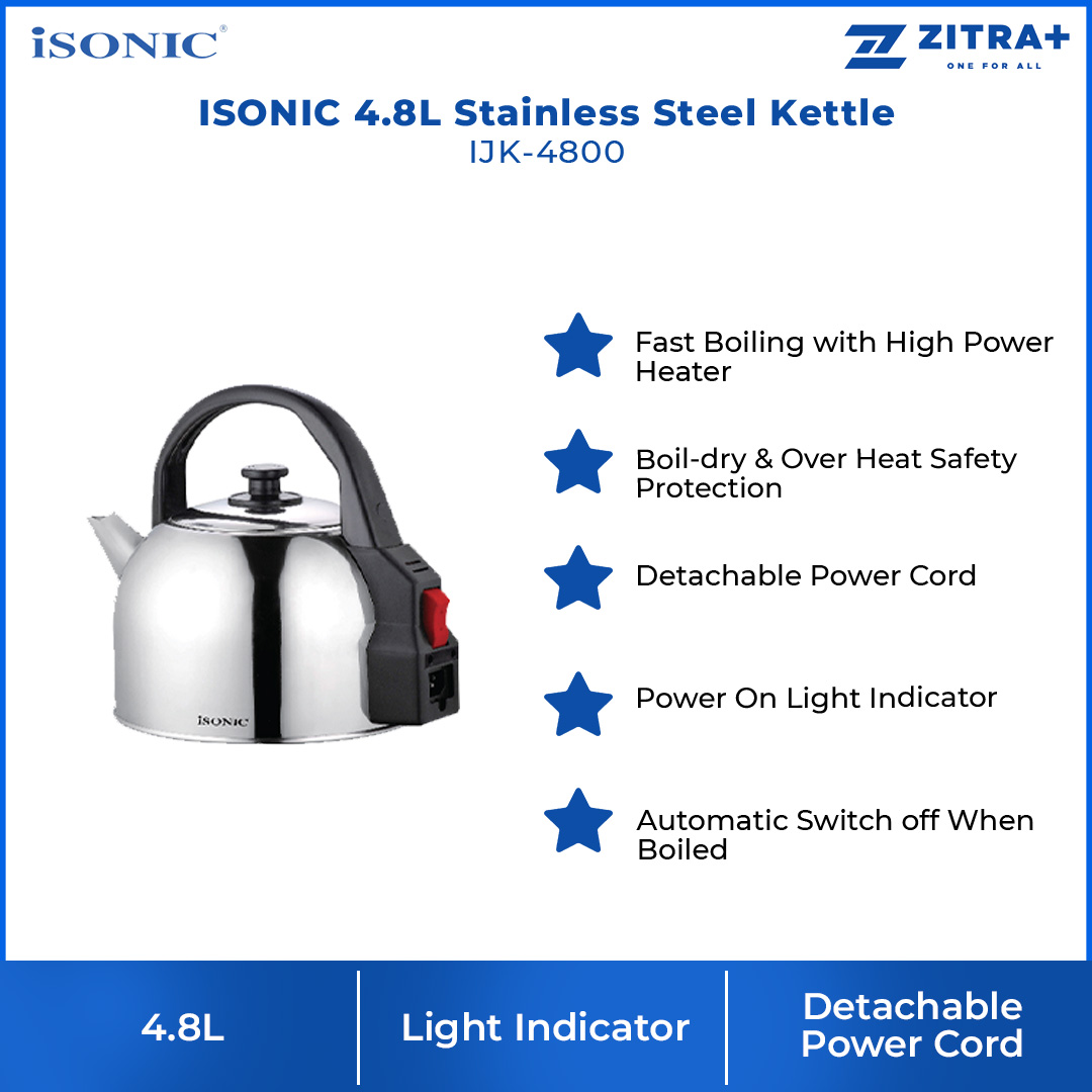 ISONIC 4.8L Stainless Steel Kettle IJK-4800 | Detachable Power Cord | Power On Light Indicator | Lift Off Lid | Kettle with 1 Year Warranty