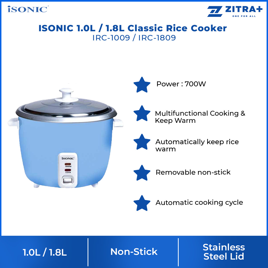 ISONIC 1.0L / 1.8L Classic Rice Cooker | IRC-1009 / IRC-1809 | 700W Power | Removable Non-Stick | Stainless Steel Lid | Cooker with 1 Year Warranty