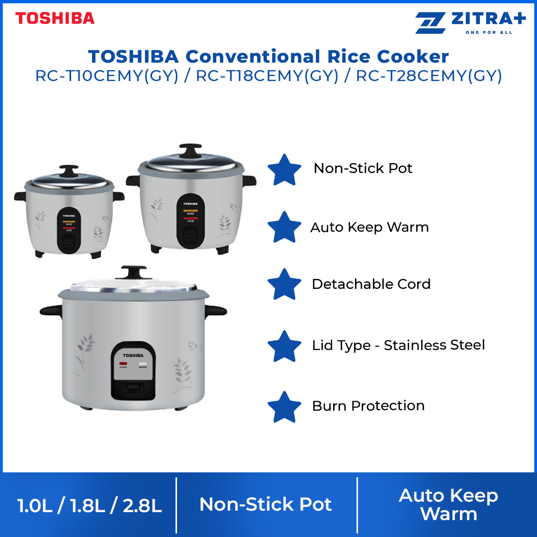 TOSHIBA 1L/1.8/2.8L Conventional Rice Cooker RC-T10CEMY(GY)/RC-T18CEMY(GY)/RC-T28CEMY(GY) | Non-Stick Pot | Automatic Keep Warm | Burn Protection | Rice Cooker with 1 Year General Warranty