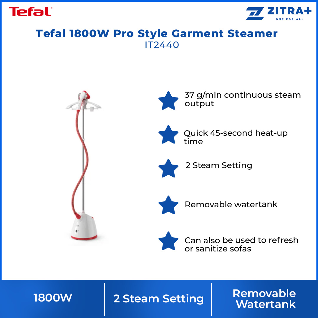 Tefal 1800W Pro Style Garment Steamer IT2440 | 2 Steam Setting | 45 Second Heat-Up Time | Sanitize | Removable Water Tank | Garment Steamer with 2 Year Warranty