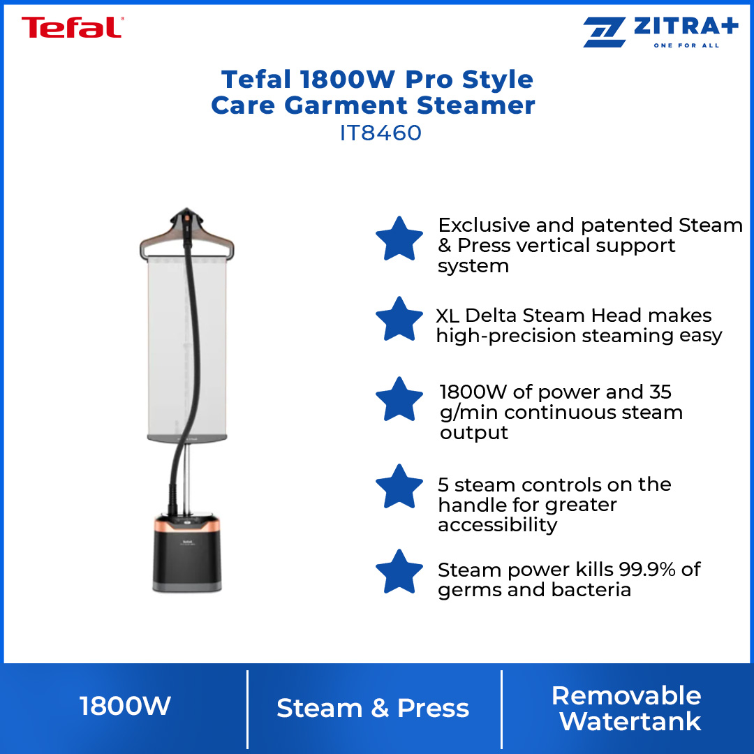 Tefal 1800W Pro Style Care Garment Steamer IT8460 | Auto-Off | Removable Water Tank | Sanitize | 45 Second Heat Time | Garment Steamer with 2 Year Warranty