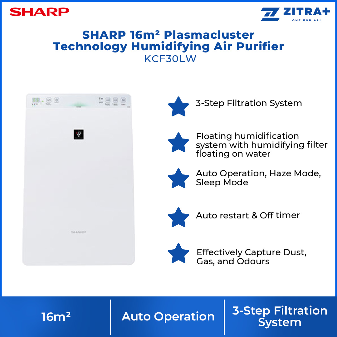 SHARP 16m² Plasmacluster Technology Humidifying Air Purifier KCF30LW | Off Timer | Humidity and Temperature Display | Auto Restart | Air Purifier with 1 Year Warranty