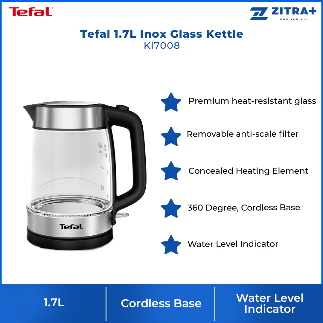 Tefal 1.7L Inox Glass Kettle KI7008 |  Water Level Indicator | On/Off Switch | Removable Anti-Scale Filter| Cord Storage | Kettle with 2 Year Warranty